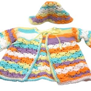 Handmade Crochet Baby Cardigan & Hat Set – Multicolor Striped 3–6 Months